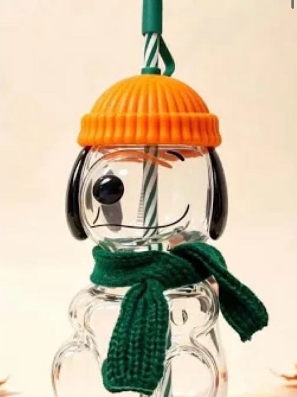 Starbucks Clear Snowman Trinket Bottle with Orange Hat and Green Scarf